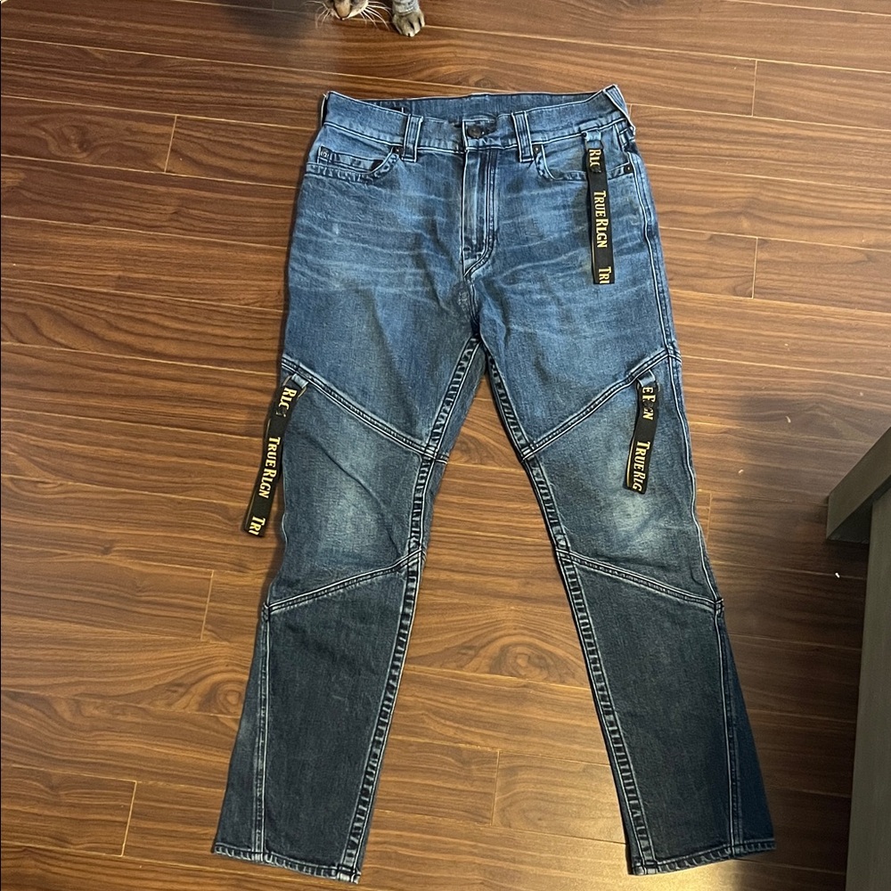 True Religion Men's Dark Blue Jeans with Black Accents